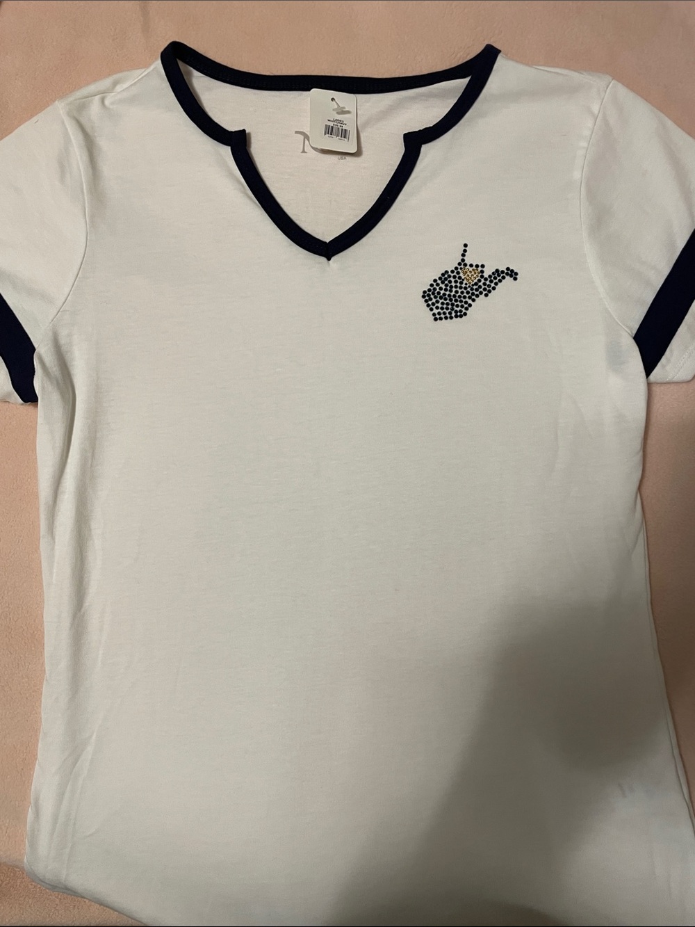 White WV Tee with Navy Trim and Rhinestone Hand Accent
